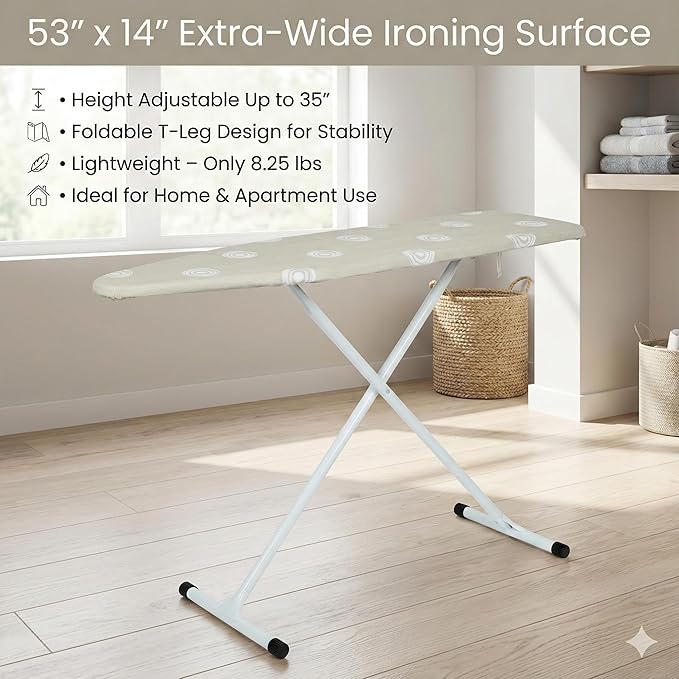Beige T-Leg Ironing Board with Cotton Cover, 53" x 14" Ironing Board Foldable,Height Adjustable,Home Use