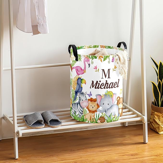 Large Custom Name Laundry Hamper, Woodland Personalized Dirty Clothes Hamper Storage Basket with Name for Bathroom Bedrooms, Customized Name Circular Hamper with Handles for Baby Boys Girls Men Women