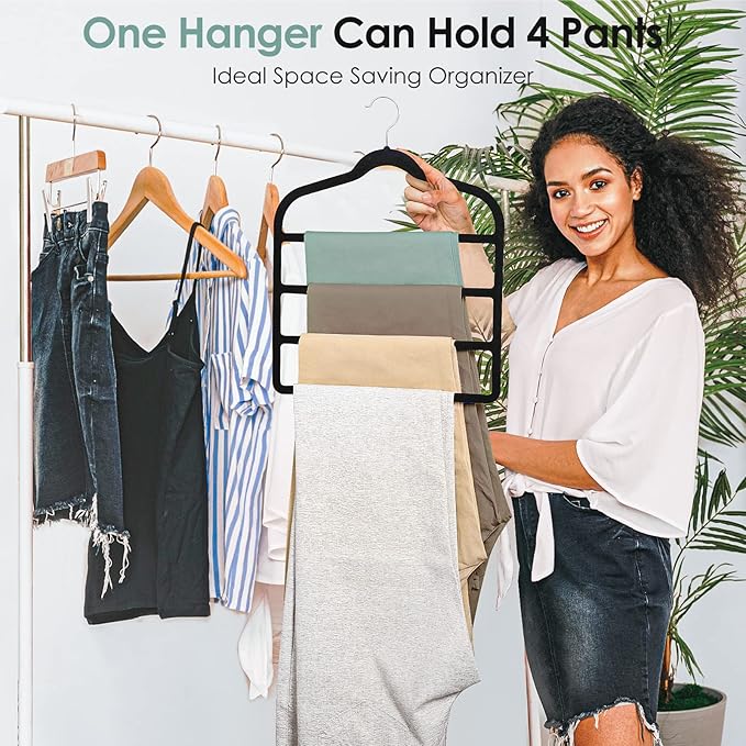 Velvet Hangers Space Saving Non Slip Pant Velvet Hangers, DUDUCOFU 4 Pack Black Multi Layer Clothes Hangers Closet Organizer for Pants Trousers Scarf