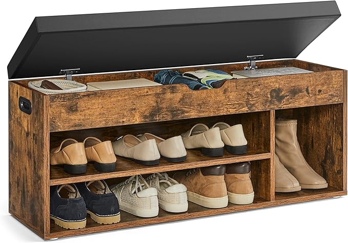 VASAGLE CUSTOS Collection - Storage Bench with Cushion, Shoe Bench, Padded Seat, Hidden Storage, Entryway, Hold up to 300 lb, 11.8 x 39.4 x 17.3 Inches, Rustic Brown and Ink Black ULHS130B01