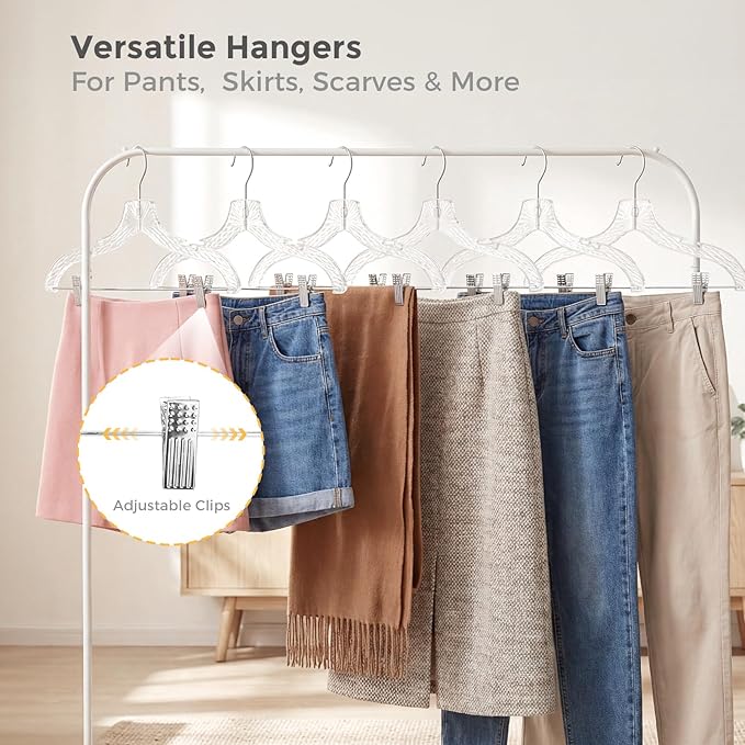 HOUSE DAY Clear Plastic Pants Hangers 25 Pack, Set Hanger for Tops and Bottoms, Non Slip Skirt Hangers with Adjustable Clips, Shoulder Notches, 360° Swivel Hook