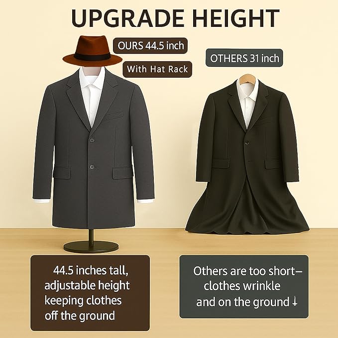 T Shirt Display Stand 19-44.5 Inch with Hat Rack, Height Adjustable for Long Short Clothes Dress,Display Mannequin for Store, Closet, Photoshoot, Exhibition, Vendors Shop, Parties(Brown, 1pcs)