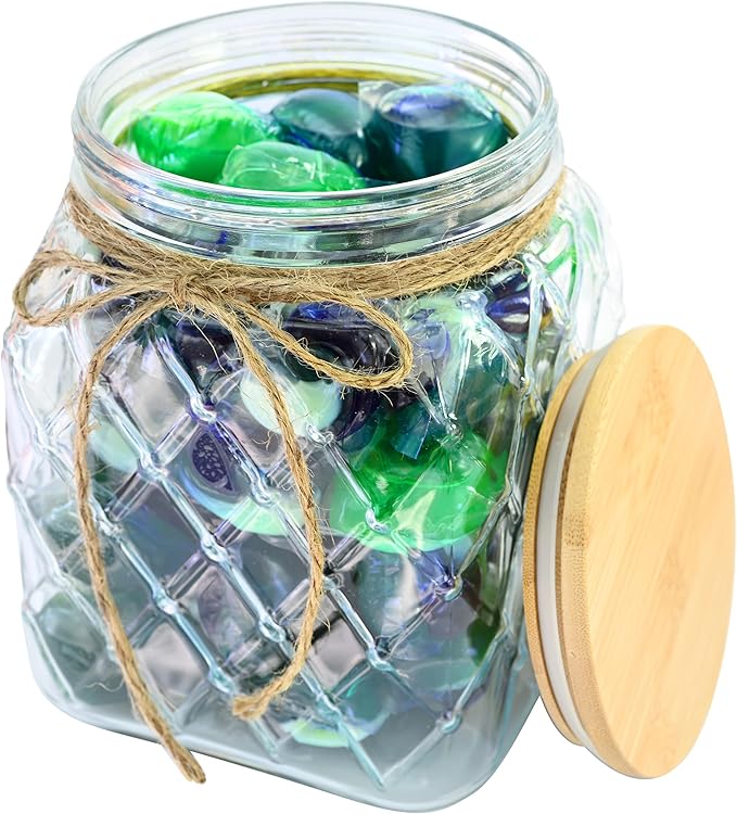 Skywin TidyFriend Glass Laundry Pods Container, Laundry Containers with Lid, Laundry Room Organization Jars, Dishwasher Pods Container, Laundry Jars (Clear) (Jar with Ropes and Wooden Lid)
