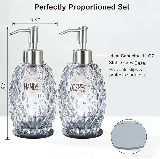 MALACHI Soap Dispenser Set, Crystal-Textured Diamond Glass with Rustproof Stainless Steel Pump, Dual-Labelled Hand & Dish Soap Dispenser for Kitchen & Bathroom