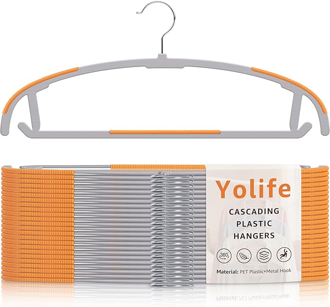 Yolife Plastic Clothes Hangers 10 Pack with Non-Slip Pads, 17.5" L × 8.3" H Heavy Duty Hanger with 360° Swivel Metal Hook, Slim Space Saving Hangers for Closet Organizer, Gray & Orange