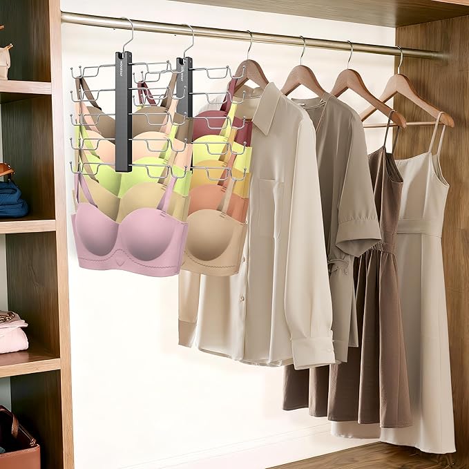 HOUSE DAY Tank Top Hanger, Dual-Row 5 Tier Space Saving Bra Hanger, Premium Lotus Wood Non-Slip Hangers with 360° Swivel Hooks, Closet Organizer for Sports Bras & Tank Tops, Cami (Black 2 Pack)