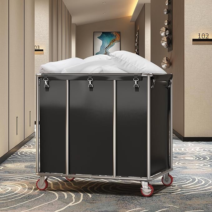 ELYKEN Commercial Laundry Cart with Wheels, 420L Heavy Duty Rolling Laundry Hamper, Large Laundry Basket with Removable Waterproof Liner Bag, Sturdy Steel Frame, 400 lbs Capacity, Black