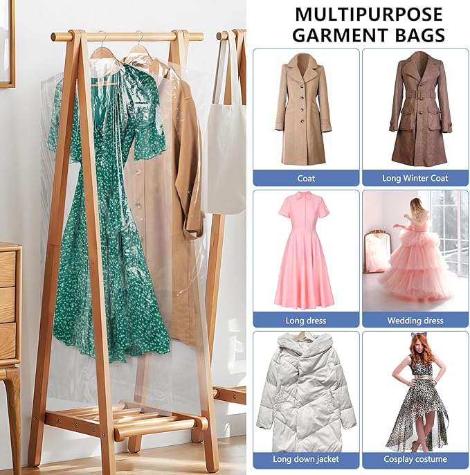 50 Pack 72inch Extra Long Plastic Garment Bag Dust Proof Clear Plastic Clothes Covers for Hanging Clothes Dry Cleaning Bags for Long Dresses, Skirt, Coat(24x72inch)