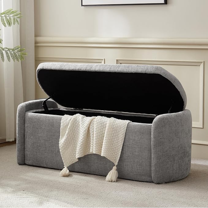 VKNOW Oval Storage Ottoman Bench, 46" Upholstered End of Bed Bench Ottomans Bench Foot Rest, Sherpa Storage Bench for Bedroom, Living Room and Hallway, Light Grey