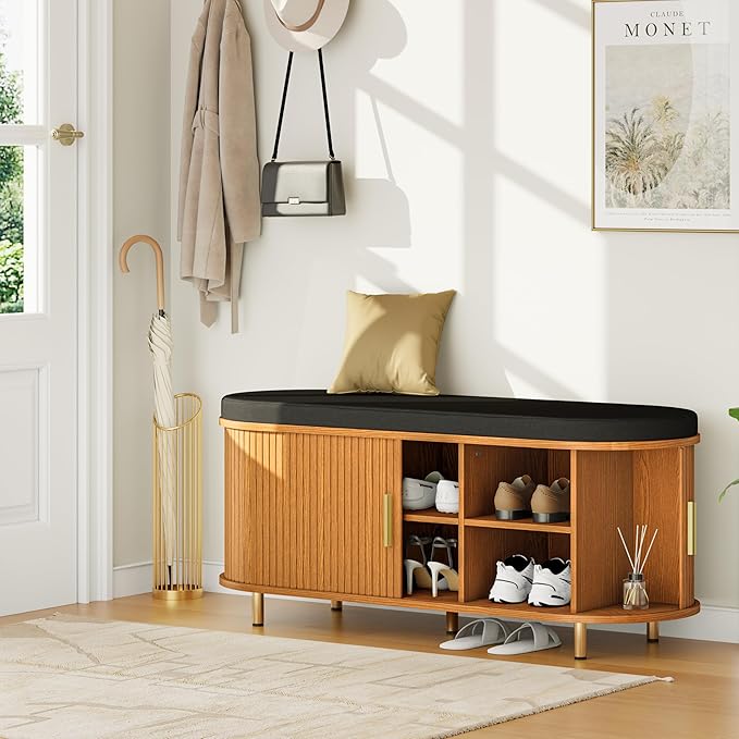 DHH 2-Tier Storage Bench, 43.3" Wide Shoe Bench with Thickened Padded Seat Cushion, Mid Century Modern Fluted Sliding Door and Adjustable Shelf, for Entryway, Living Room, Bedroom(Yellow Walnut)