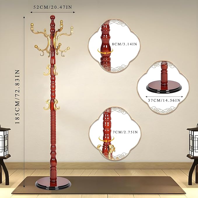 Coat Rack Freestanding, Wooden Tree Coat Rack Stand with 3 Adjustable Sizes Coat Tree and 14 Hooks, Sturdy Hall Tree with Solid Round Base for Entryway, Hallway,Bedroom (Begonia)