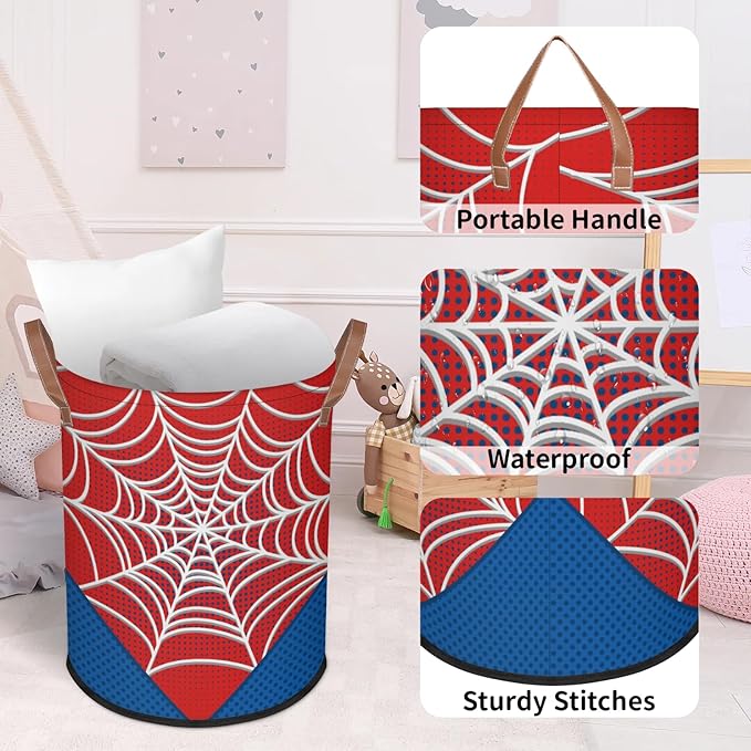 Large Laundry Hamper Basket Red Spider Web Round Collapsible Storage Organizer Bin for Kids Room, Boys, Nursery, Closet, Bedroom, Playroom, Toys, Dirty Clothes, 16"W x 20"H