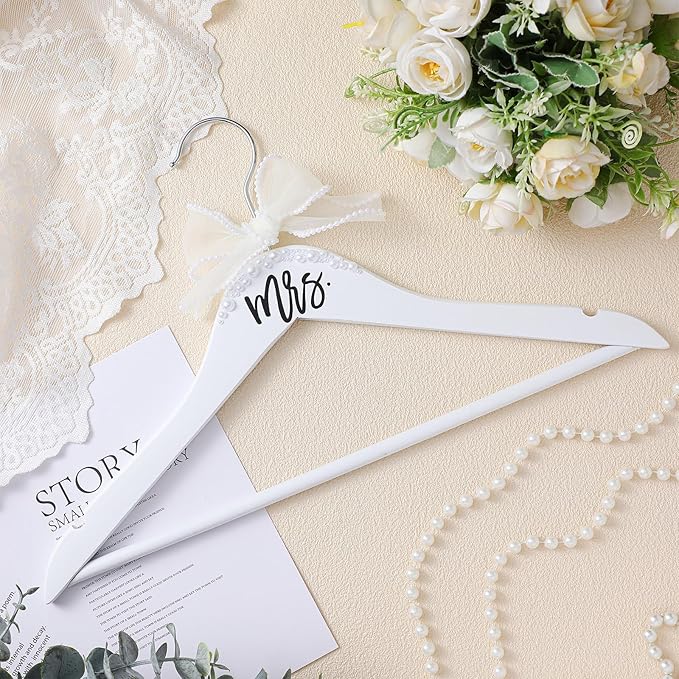 Bride Wedding Dress Pearl Mrs. Hanger with Pearl Ribbon Bow Elegant Wooden Dress Hanger to Be Ideal Keepsake for Wedding Day Gift(White,Mrs)