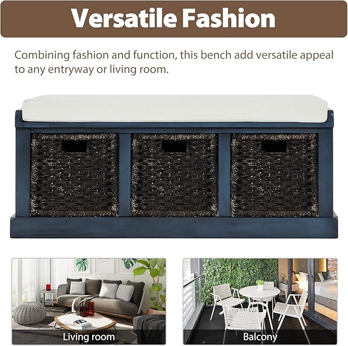 Merax Farmhouse Solid Wood Entryway Bench with Seat Cushion Multifunctional Storage Bench for Hallway Living Room Bedroom (Antique Navy)