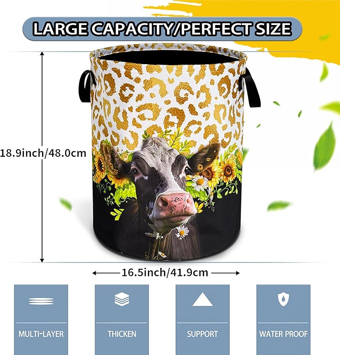Cow Laundry Basket Sunflower Leopard Print foldable Oxford Cloth Funny Tote Bag Laundry Hamper Clothes Storage Bucket Toy Organizer For Bathroom/Laundry Storage/Bedroom 18.9x16.5 Inch