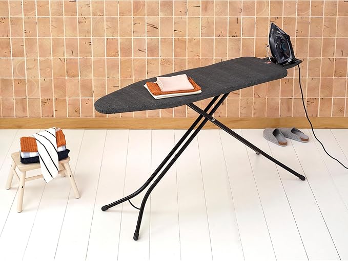 Brabantia Size B Ironing Board (49x15 in) 7 Height Options, Adjustable Steam Iron Rest Holder (Denim Black) Non-Slip Feet, Anti-Collapse Child Locks
