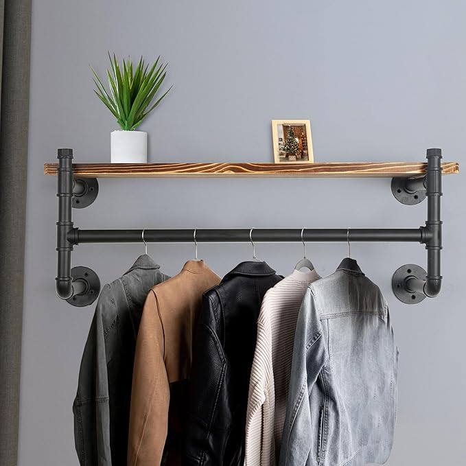 WEBI Wall Mounted Clothes Rack with Shelf,24" Industrial Pipe Clothing Rack with Shelves,Heavy Duty Iron Garment Bar,Retail Display Clothes Rod for Laundry Room,Black