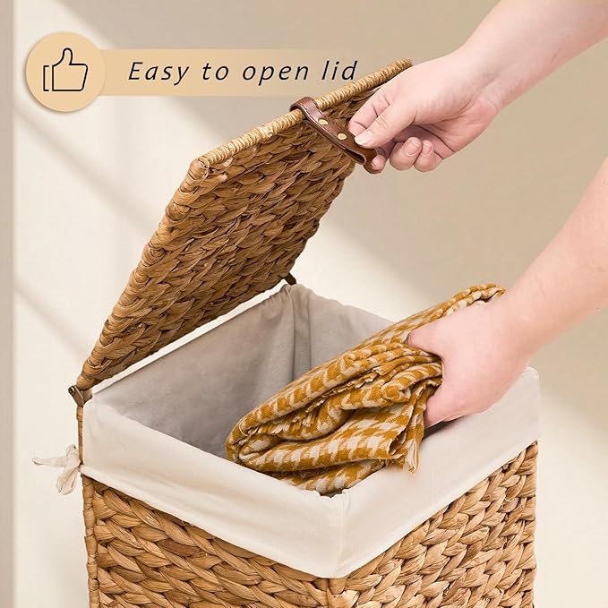Mini Handwoven Laundry Basket with Lid, Natural Water Hyacinth Storage Basket with Handle, Removable Cotton Liner, Durable and Stylish for Bedroom, Bathroom, Laundry Room