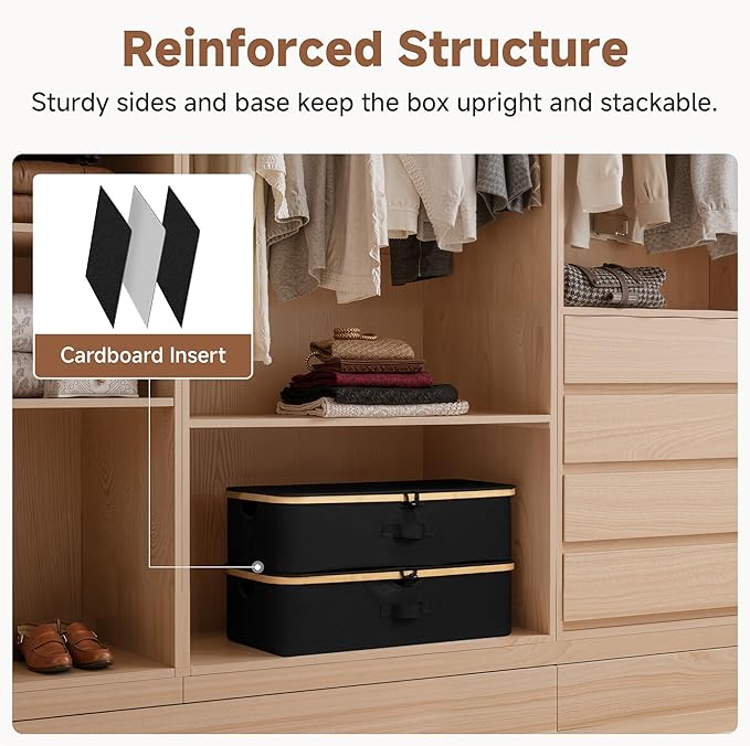 StorageWorks 2-Pack Underbed Storage Box with Bamboo Frame, 42L Flip-Top Under Bed Container for Blankets, Bed Sheets, Coverlets and Towels, Black