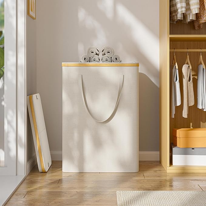 160L Double Laundry Hamper with Lid 2 Section, Large Bamboo Laundry Basket with 2 Removable Bags, Clothes Hampers for Laundry for Bedroom, Bathroom, Dorm, Laundry Room, Beige