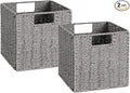 Vagusicc Wicker Storage Basket, Set of 2 Hand-Woven Storage Baskets for Shelves with Handles, Foldable Cube Storage Baskets Bins Organizer 13 inch Large Wicker Baskets for Pantry Bedroom Decor, Grey