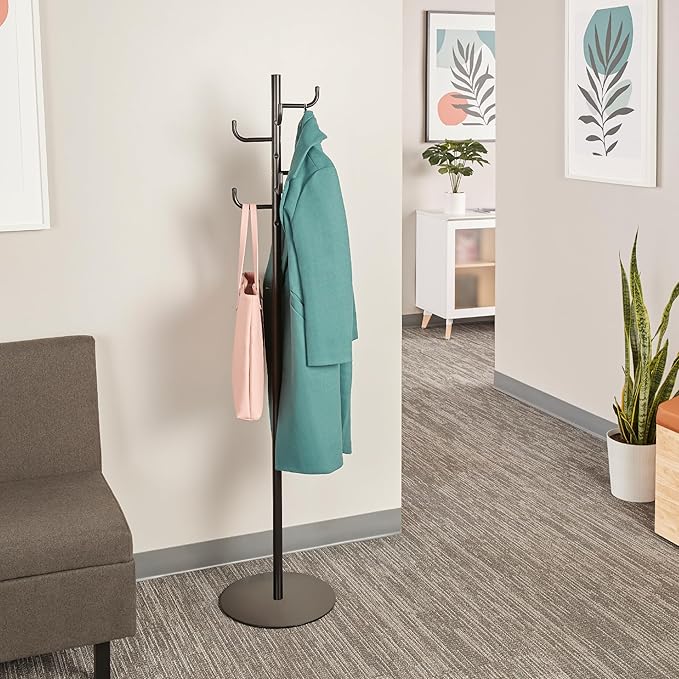 Safco Hook Head Coat Rack, Freestanding Hat and Jacket Hanger with 8 Rounded Edge Hooks, Durable Black Powder Coat Finish