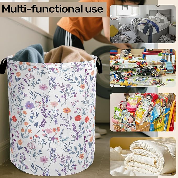 Spring Wildflowers Laundry Basket with Handles - Extra Large Foldable Hamper for Bathroom/Laundry/Bedroom/Dorm, Washable Fabric Storage Bin