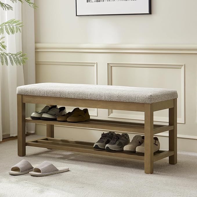 VKNOW Entryway Bench, 44.3” Upholstered Shoe Bench for Bedroom, 2-Tier Storage End of Bed Bench with Rubberwood Legs for Living Room, Hallway, Brown