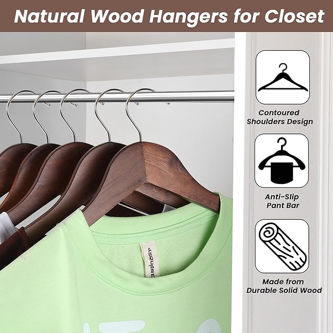 Wooden Hangers Premium Natural Wood Hanger Well Polished Ergonomic Design & Sharply Cut Notches with Swivel Hook (Brown, Pack of 30)