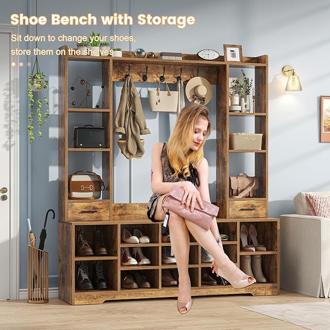 61.6" H White Hall Tree with Bench and Shoe Storage, 6-in-1 Multi-Functional Entryway Bench with 2 Drawers, 5 Coat Racks, Shoe Rack with 13 Shoe Cubbies, Entryway Storage Organizer, Brown