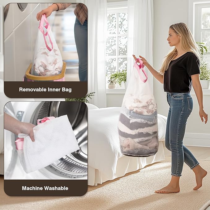 Slim Laundry Hamper with Lid, 60L Small Laundry Basket with Handles&Removable Bag, Thin Dirty Clothes Hampers for Laundry, Narrow Laundry Hampers for Bedroom Aesthetic, Pink