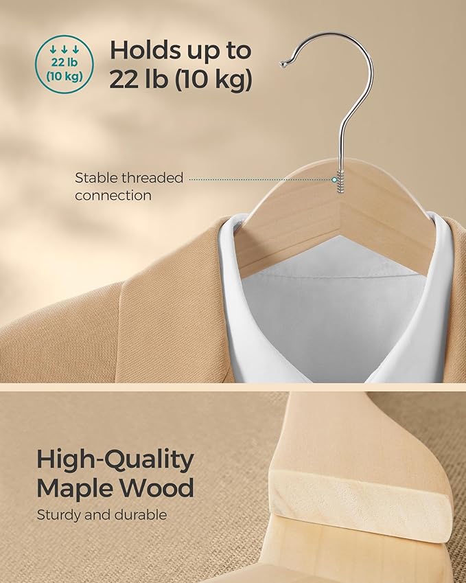 SONGMICS Wooden Hangers, Pack of 36, Coat Hangers, Non-Slip, Pants Bar, 360° Swivel Hooks, for Jackets, Shirts, Coats, Natural Wood UCRW010N36