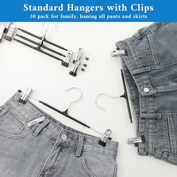 30 Pack Pants Hangers with Clips Adjustable Skirt Hangers for Women Non-Slip Trousers Hanger for Jeans Clothes Hanger for Pants Heavy Duty Space Saving Shorts Clothes Rack Black 12Inch