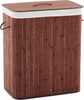 GarveeHome Folding Bamboo Laundry Hamper with Lid, 28 Gal /106L Wooden Laundry Basket with Washable Liner Bag, Slim Clothes Storage Hamper for Small Bedrooms Apartments Dorms, Brown