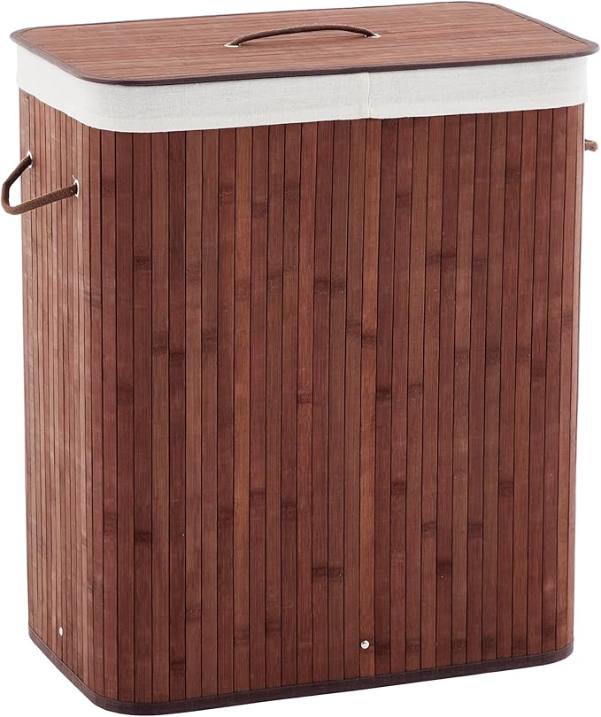 Bamboo Laundry Hamper Large 106L with Removable 4-Section Liner, Foldable Storage Basket with Lid and Handles for Bedroom, Laundry Room, Small Spaces – Brown- Rectangle