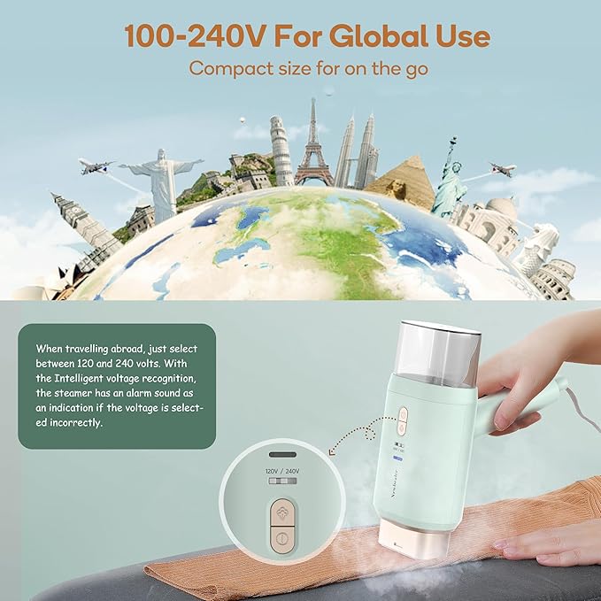 Newbealer Professional Business Travel Steamer, 1200W High-Power Dual Voltage (100-240V), Fast 20s Heat Up for Clothes Horizontal Vertical Steaming, Foldable & Solid 1.72 lbs, 180ml (Green)