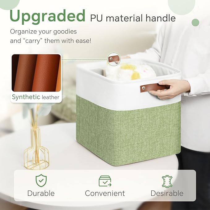 Cube Storage Baskets 6 Pack, 11x11 inch Cube Storage Bins with Leather Handles for Shelf Closet (White/ Green)