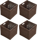 Handwoven Paper Woven Cube Basket Organizer with Handles set of 4 Foldable Storage baskets for Bedroom Living Room Cubby Storage Units for Clothes Books Toys (Brown, 13" L x 13" W x 13" H)