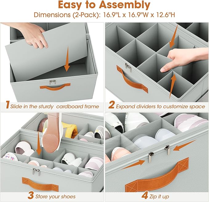 4 Pack Shoe Organizer for Closet,Foldable Shoe Storage Organizer with Adjustable Dividers, Shoe Storage Box with Clear Cover, Fits up to 16 Pairs, Gray