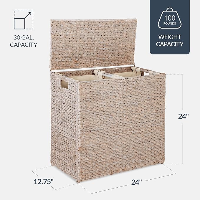 Best Choice Products Large Double Laundry Hamper with Lid, Natural Handwoven Water Hyacinth, 2 Sections w/ 2 Machine Washable Linen Liner Bags, Portable, Handles - Whitewash