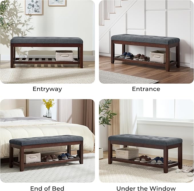 Shoe Bench Entryway, 44" End of Bed Bench,Upholstered Linen Bench for Living Room,Fabric Ottoman Bench with Solid Wood Shelf for Bedroom, Entrance Darkgrey