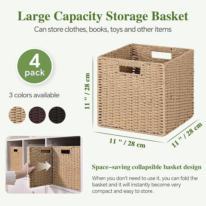 Woven Wicker Storage Baskets 4-Pack, 11x11 Handwoven Paper Rope Organizer Bins, Foldable Cube Storage Cubes with Built-in Handles for Shelves and Closet Organization(Natural Beige)
