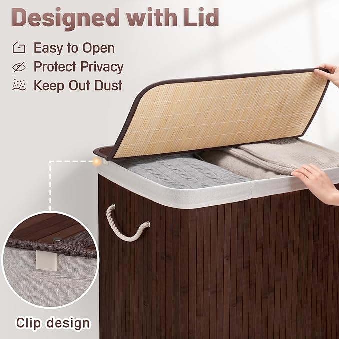 100L Laundry Hamper with lid, 2-Section Clothes Laundry Basket with Handles, Large Collapsible Bamboo Baskets for Bedroom, Bathroom, Dorm, Brown