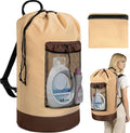 Laundry Bag Backpack with Shoulder Straps and Mesh Pocket Foldable Clothes Hamper Bag with Drawstring Closure for College, Apartment, Laundromat (Brown)