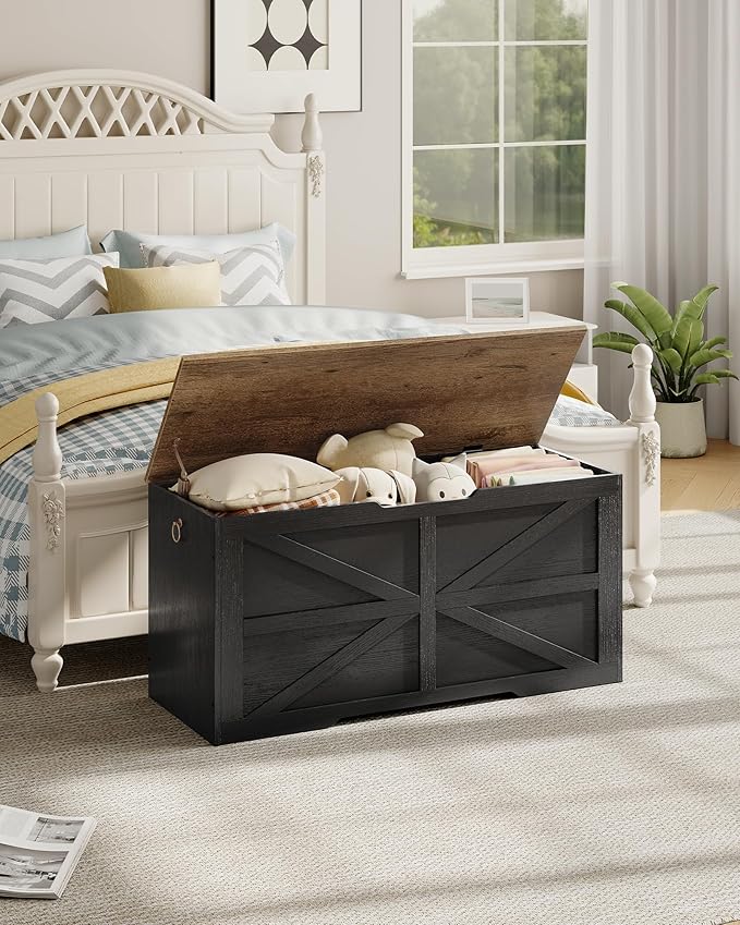 Storage Chest, 39.4" Wooden Storage Trunk, Modern Storage Bench with Safety Hinge, Toy Box, Farmhouse Style, for Bedroom, Living Room, Walnut and Black MCW10BL