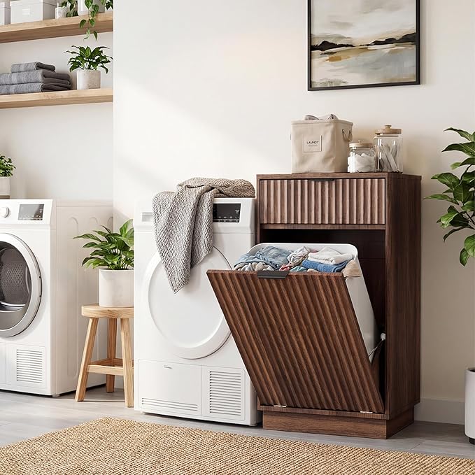 Tilt-Out Trash Cabinet with 10-Gallon Capacity, Walnut Laundry Hamper Cabinet, 34.3 x 19 x 13.8 inches, Wave-Textured Front.