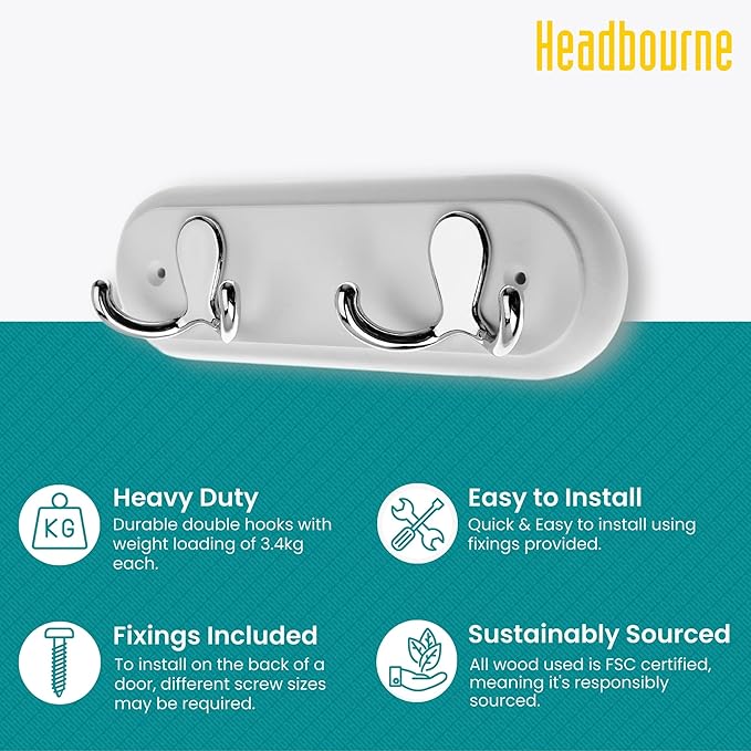 Compact Door Wall Mounted Robe Coat Rack with 2 Double Hooks, Fixings Included, 22cm, Polished Chrome on White