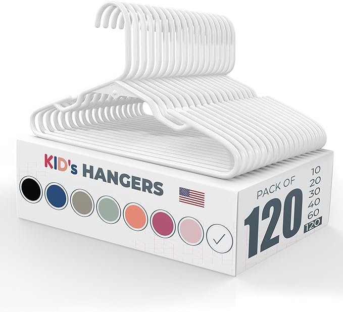 Neaties Plastic 12” Kids Hangers 100+ Pack (120 Count) – Made in The USA – 5lb Capacity Baby & Toddler Clothes Hangers with Notches & Reinforced Edges – Fits Children’s Sizes Up to 8 – White