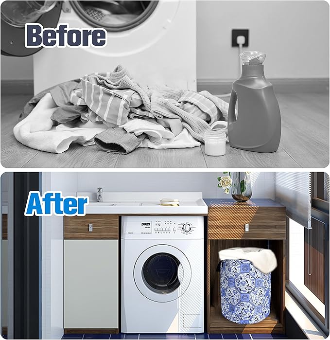 Chinoiserie Style Blue And White Porcelain Laundry Basket Foldable Oxford Cloth Funny Tote Bag Laundry Hamper Clothes Storage Bucket Toy Organizer For Bathroom/Laundry/Bedroom 18.9x16.5 In