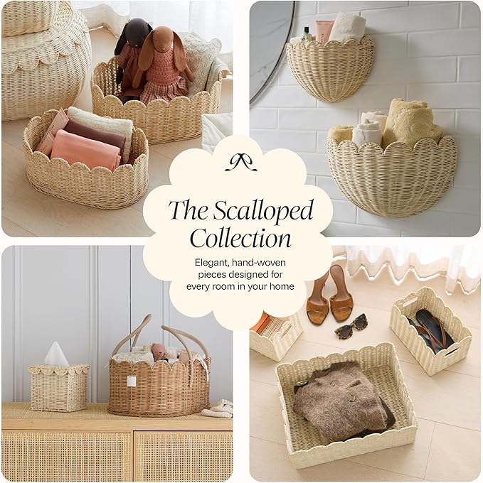 BEBE BASK Premium Scalloped Basket Set Of 2 - Scallop Basket - 16 x 10 x 7 Inch - Hand-Woven Elegant Wicker With Scalloped Edge - Nursery Storage (Mocca)